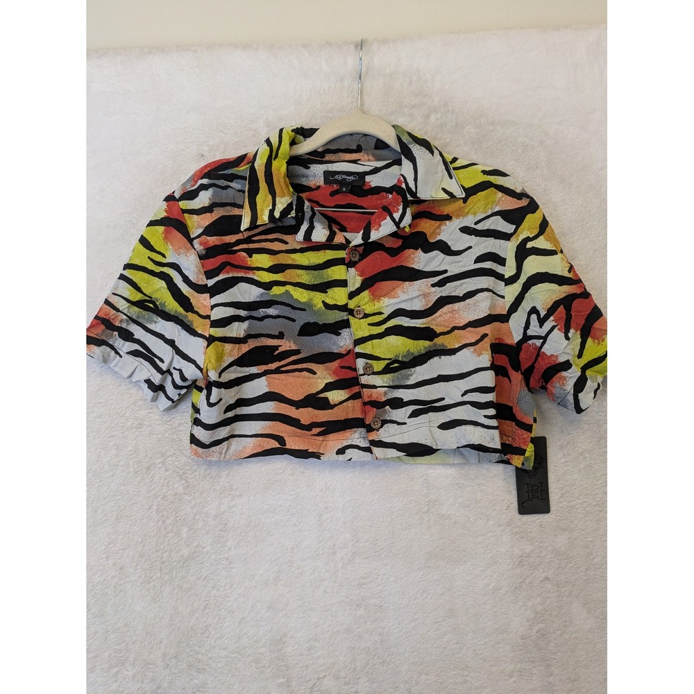 NEW Ed Hardy Crop Top Women's Small Multicolor Tiger Stripe Button Down